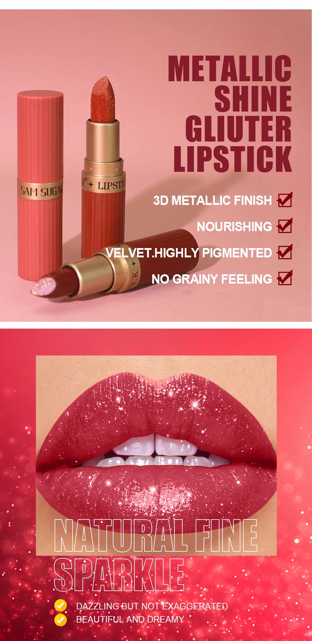 Achieve a bold and glamorous look with this pearlescent pink glitter velvet lipstick. The metallic finish adds a touch of sparkle to your lips, while the waterproof formula ensures long-lasting wear for a stunning and shimmery pout. -