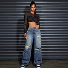 Stay on trend with these denim ripped straight-leg jeans for women—a perfect blend of edgy and classic style! -