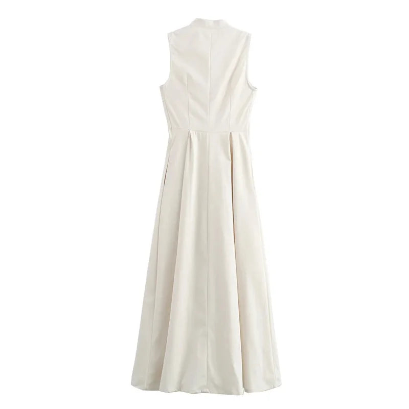 MUJER Zipper Long Dress Woman Pleated Sleeveless Bodycon Dress Summer Elegant Party Dresses For Women 2025 New Midi Dresses -