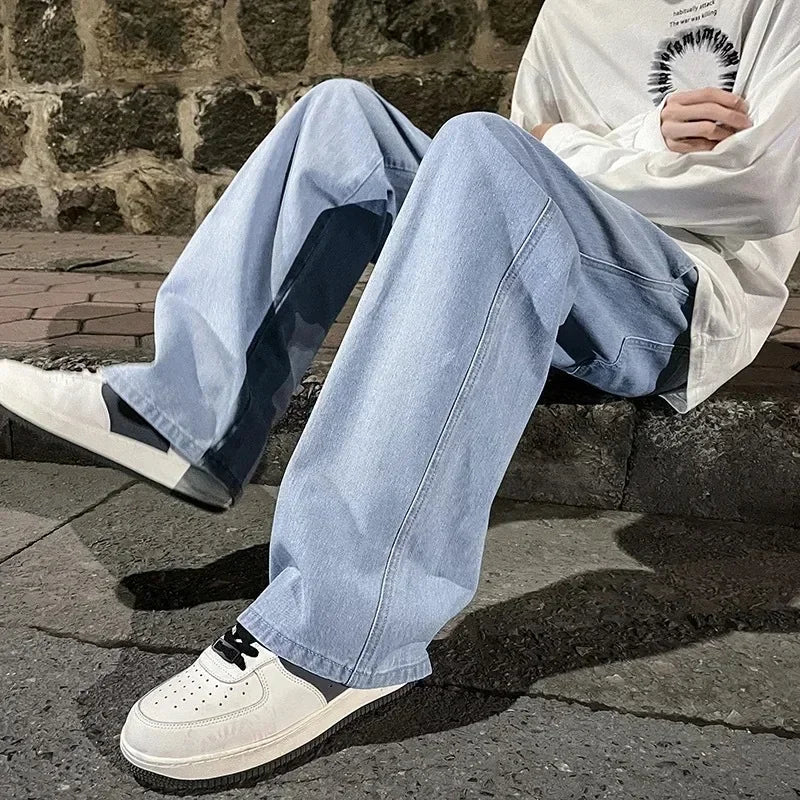 Blue Washed Denim Jeans for Men Straight Loose Fit -