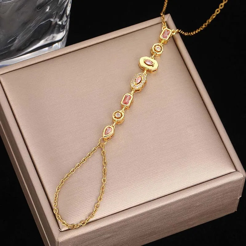 Stainless Steel Colorful Crystal Hand Chain Bracelet -