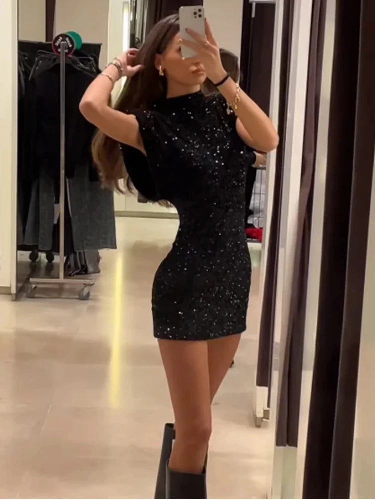 Mini Dress for Women Elegant O-Neck Fly Sleeve -
