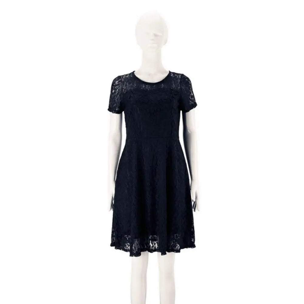 Make a chic statement with this elegant women's dress featuring an O-neck design, transparent lace, and hollow detail—a perfect choice for a sophisticated and stylish look. -