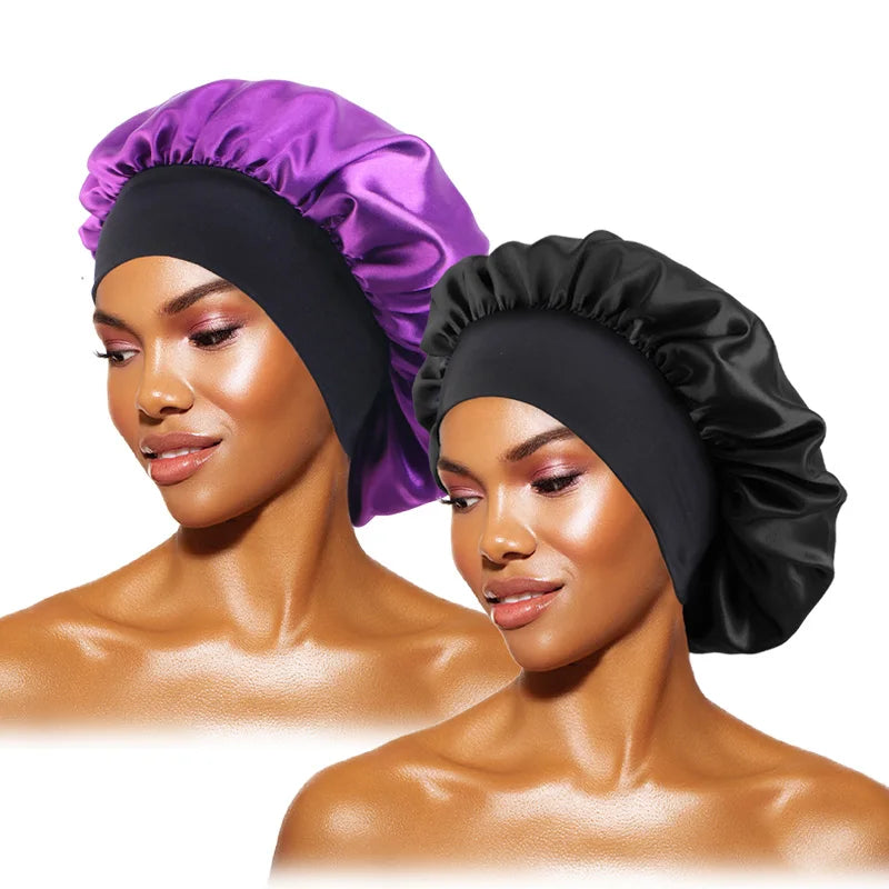 Protect your hair in style with these satin solid bonnets. Featuring a wide-brim design, these hats are perfect for night sleeping or bathing and are suitable for both men and women. -