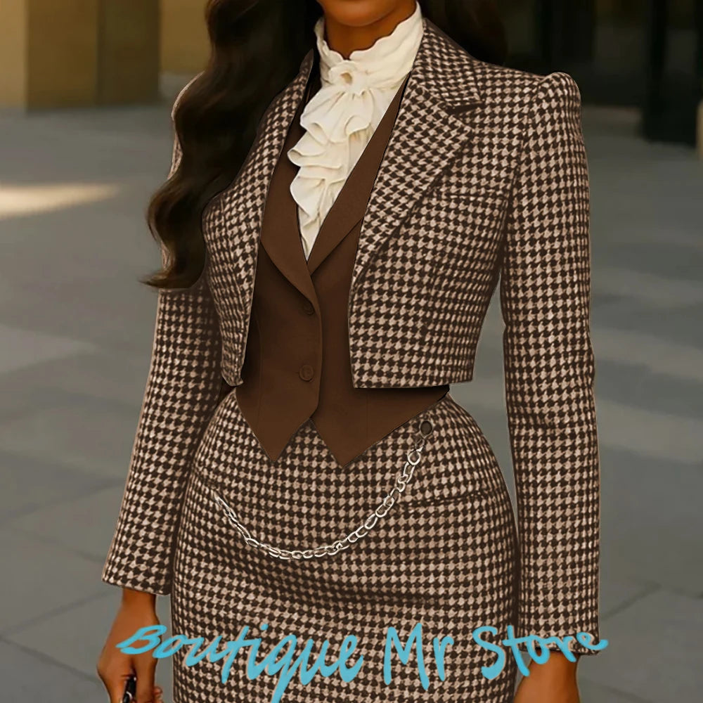 Women’s 3-Piece Suit Set Cropped Blazer+Vest+Mini Skirt -