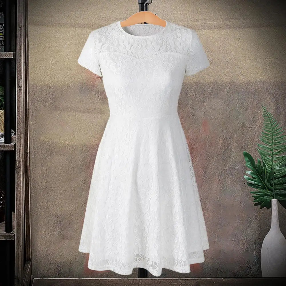 Make a chic statement with this elegant women's dress featuring an O-neck design, transparent lace, and hollow detail—a perfect choice for a sophisticated and stylish look. -