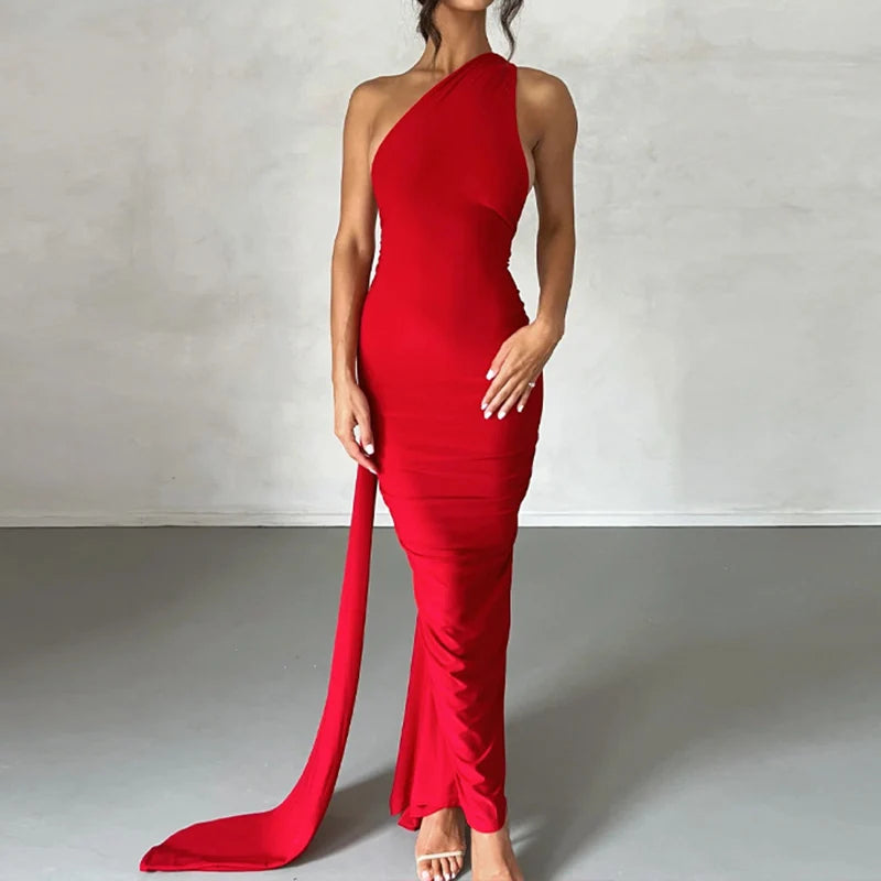 One Shoulder Sleeveless Backless Maxi Dress -