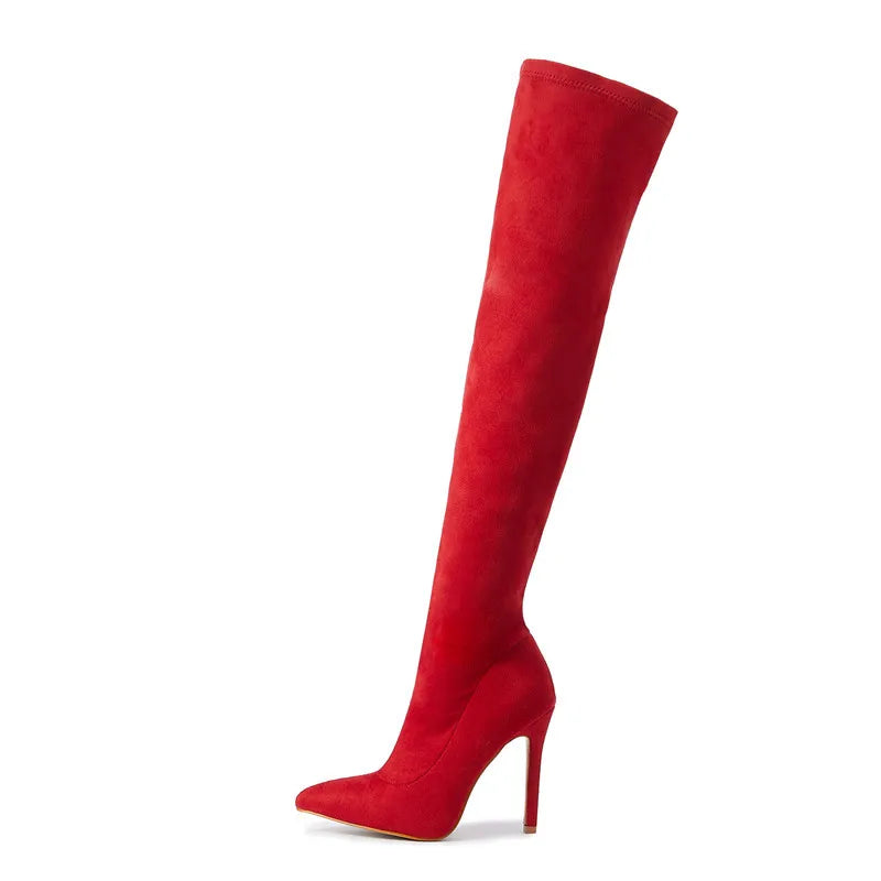 Eilyken Sexy Fashion Pointed Toe Over-The-Knee Boots Women Red Zipper High Heels Shoes Winter Striptease Motorcycle Long Botas -