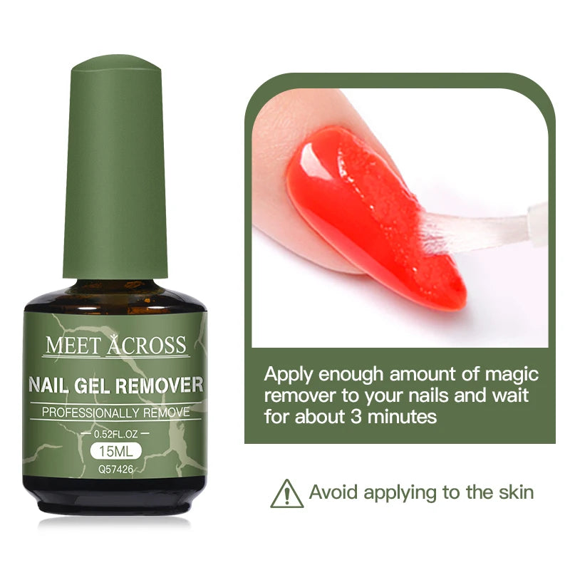 MEET ACROSS 15ml Magic Fast Nail Gel Polish Remover Clean UV Soak Off Semi Permanent Varnish Nail Art Removal Tools Manicure -