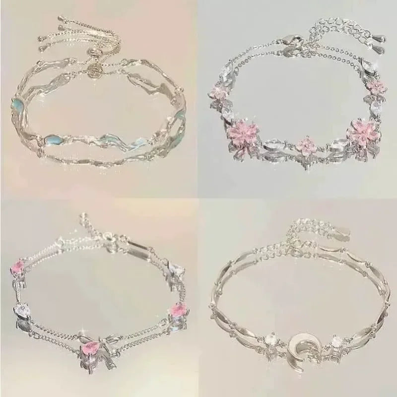 Shiny Pink Crystal Cherry Blossom Bracelets -