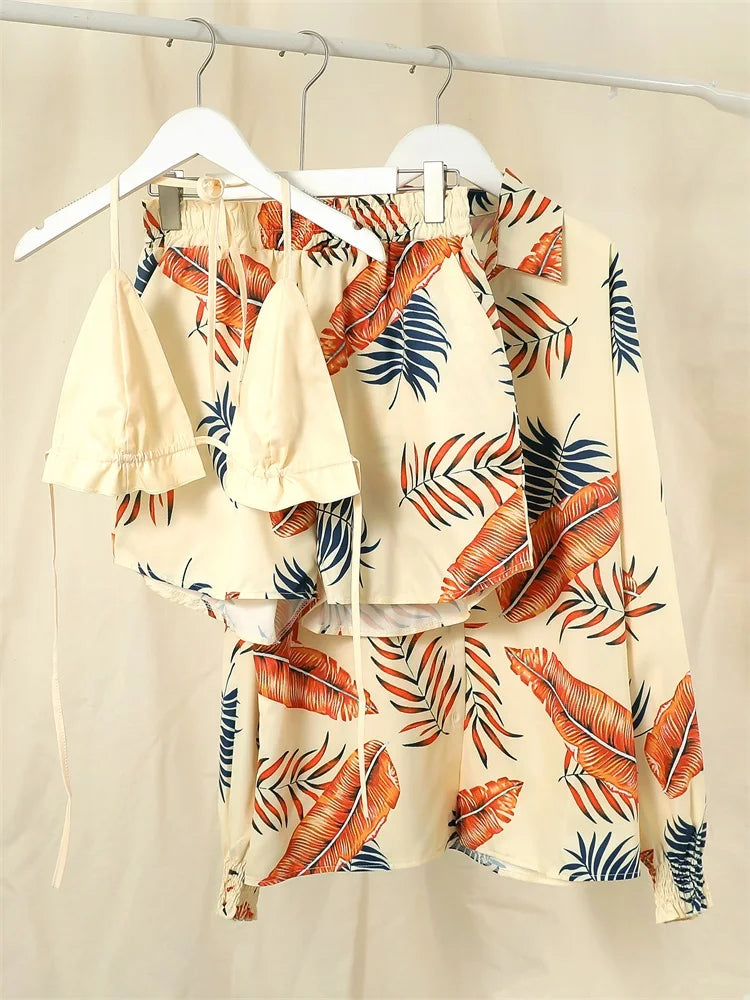 2024 New Bathing Suit Shorts Cover Up Summer Three Pieces Swimwear Sexy Beachwear High Waist Bikini Set Print Women's Swimsuit -