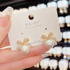 Sparkling Rhinestone Bow Pearl Stud Earrings -