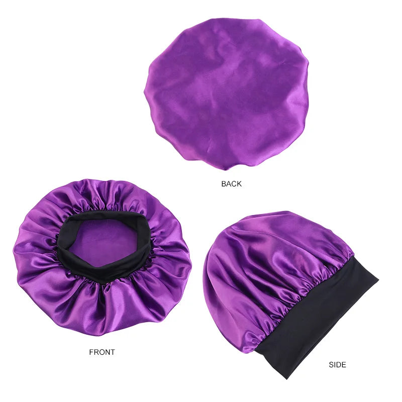Protect your hair in style with these satin solid bonnets. Featuring a wide-brim design, these hats are perfect for night sleeping or bathing and are suitable for both men and women. -