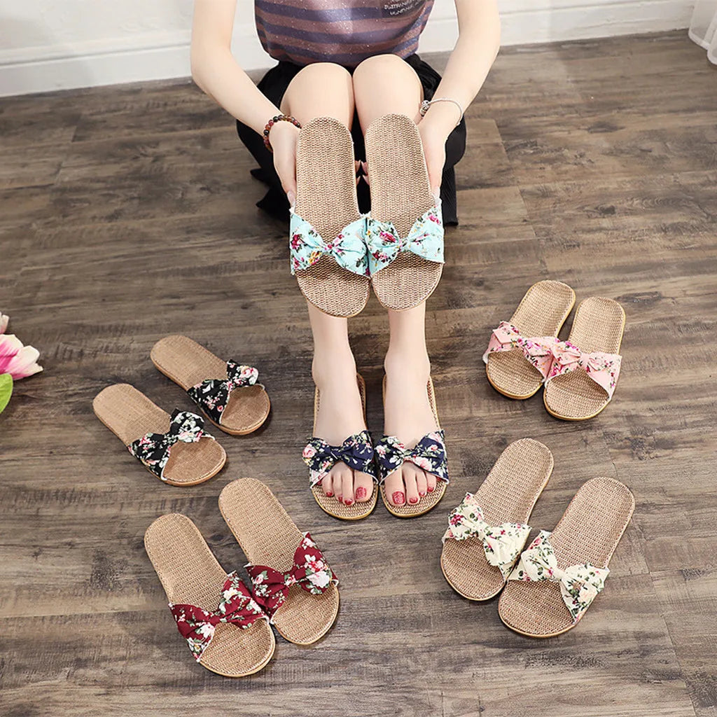 Ladies' Bohemian Style Bow Flower Linen Slippers Sandals Beach Shoes Home Shoes Beach Slippers Indoor Non Slip Shoes 2024 -
