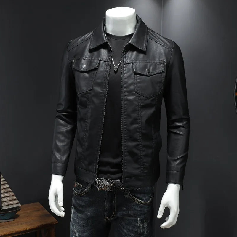 Men's Motorcycle Leather Jacket Large Size Pocket Black Zipper Lapel Korean Slim Fit Male High Quality PU Leather Coat for Men -