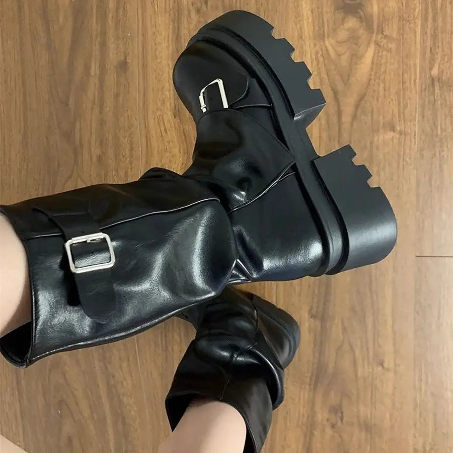 Shoes for Women 2024 Mid-Calf Women's Boots Platform Modern Boots Women Belt Buckle Square Toe Side Zip Square Heel Shoes Female -