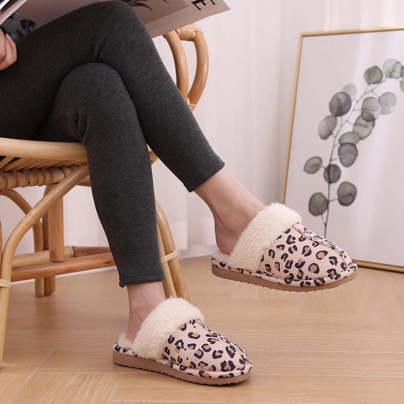 Evshine Women Plush Cotton Slippers Winter Indoor Warm Soft House Slipper Comfort Memory Foam Slides Outdoor Fur Fuzzy Flat Shoe -
