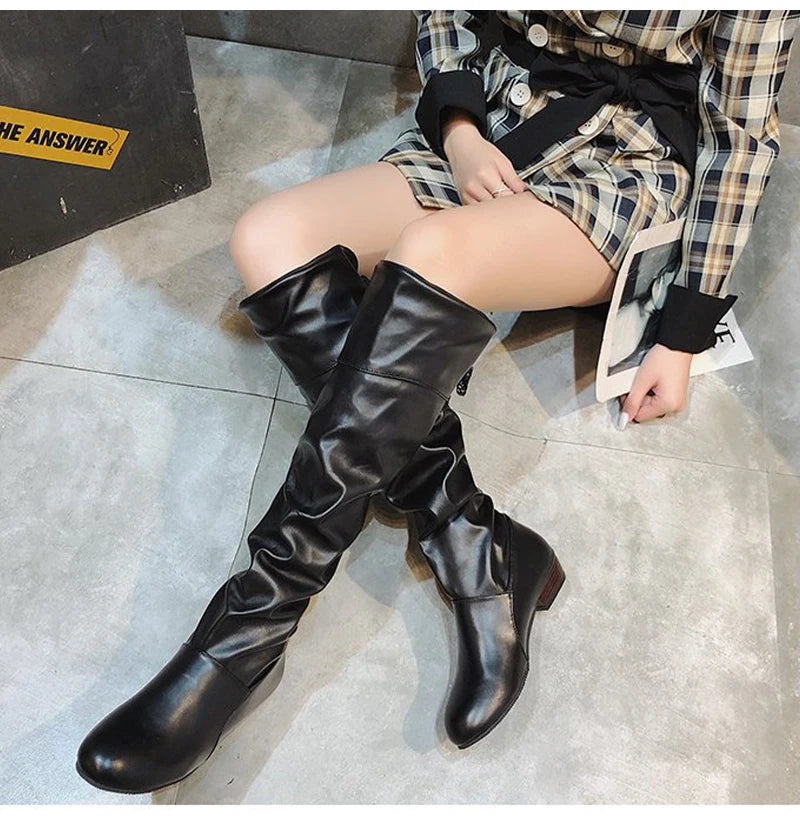2023Shoes For Women Knee High Boots Red Black White Tall Boots Woman Pleated Low Heel Casual Leather Female Long Shoes -