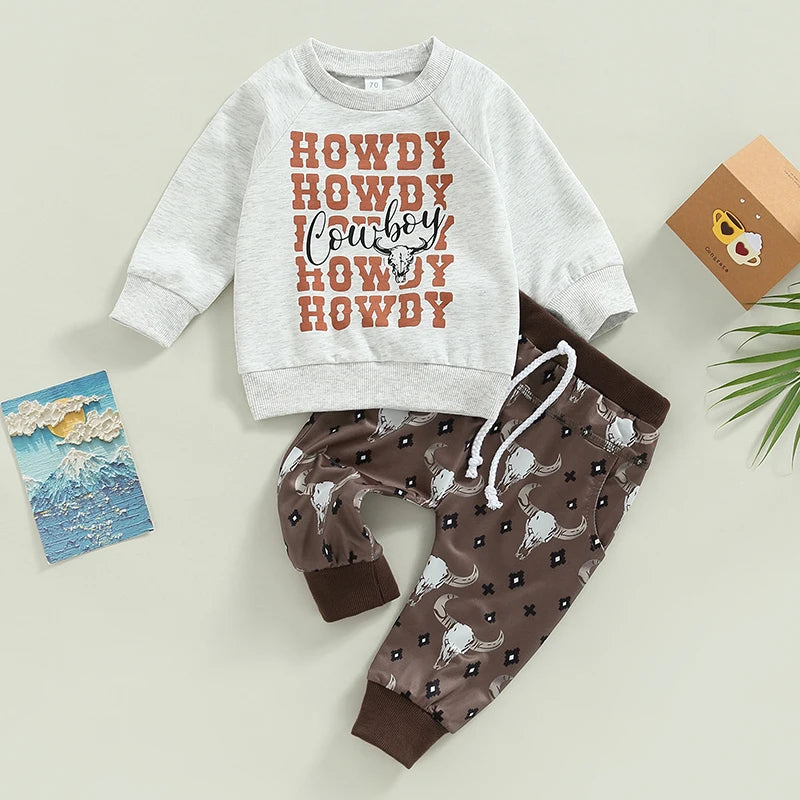 2pcs Autumn Causal Baby Boys Clothes Sets 0-3Y Long Sleeve Letter Cow Bull Print Sweatshirt Tops Drawstring Pants -