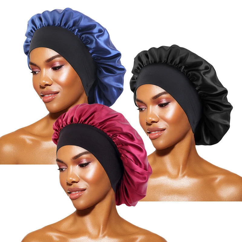 Protect your hair in style with these satin solid bonnets. Featuring a wide-brim design, these hats are perfect for night sleeping or bathing and are suitable for both men and women. -