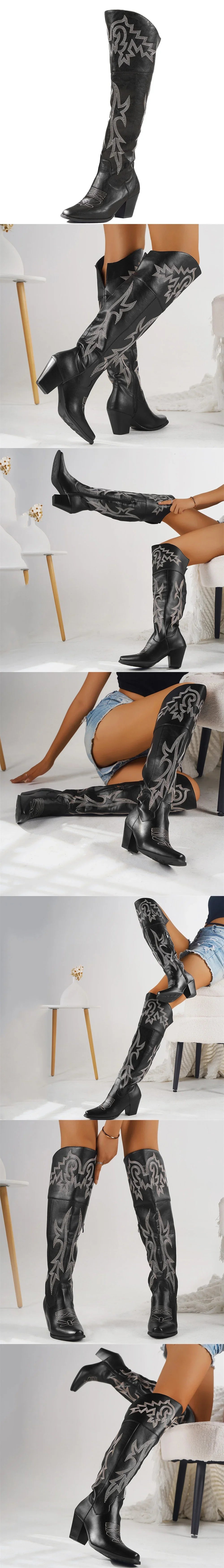 2025 Brand Plus size 43 High Quality Retro Black Block Heels Over the Knee Western Boots Vintage High Cowboy Boots Women Shoes -
