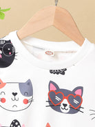 HWMFSNHFZ Girls' Lightweight Long Sleeve Cartoon Cat Print Sweatshirt - Soft Pink Crew Neck Casual Pullover for Spring & Fall, All-Season Comfort, Cute Sweaters -