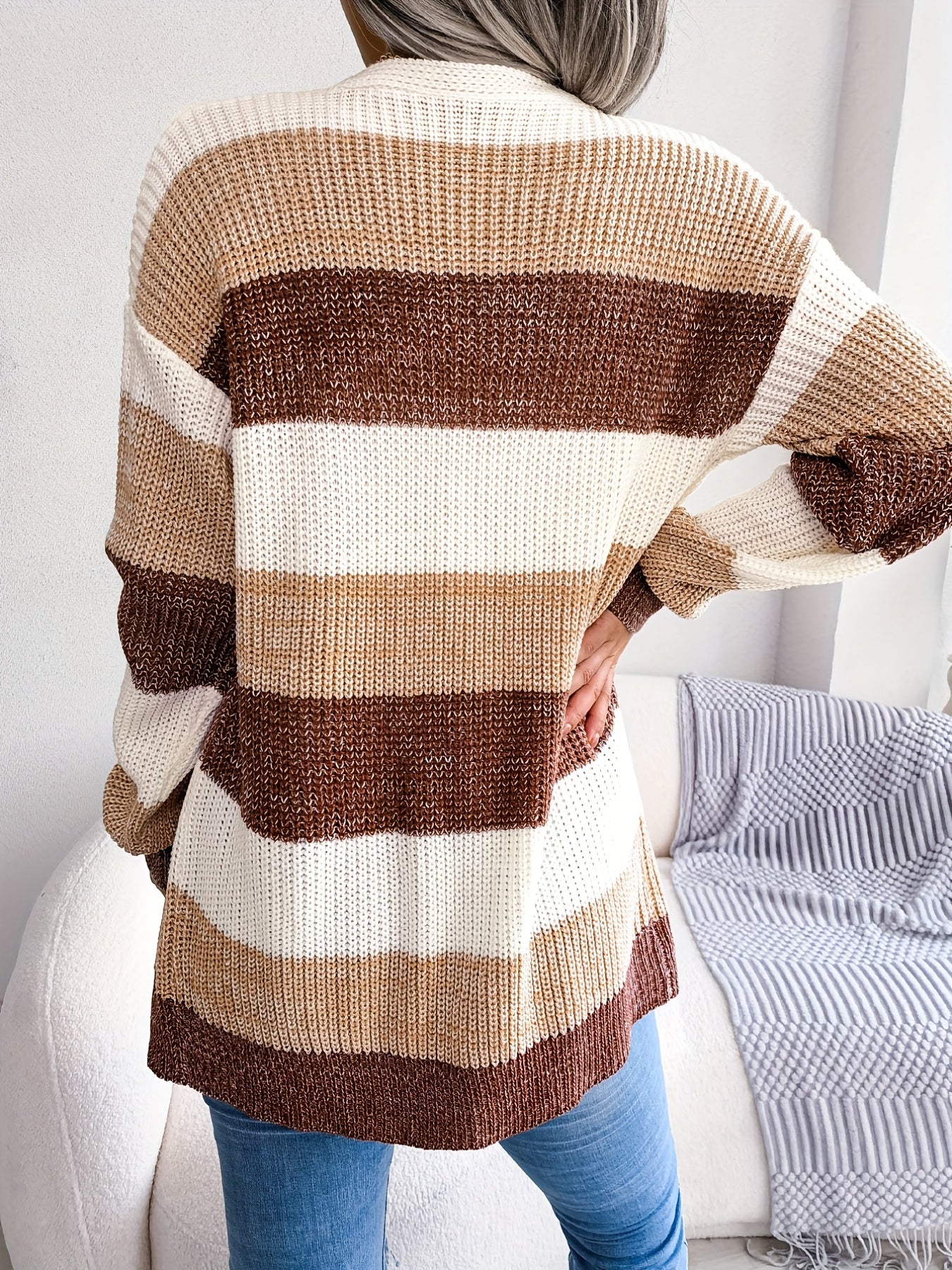 Striped Colorblock V-neck Cardigans, Casual Loose Drop Shoulder Long Sleeve Fall Winter Knit Cardigan, Women's Clothing -