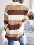 Striped Colorblock V-neck Cardigans, Casual Loose Drop Shoulder Long Sleeve Fall Winter Knit Cardigan, Women's Clothing -