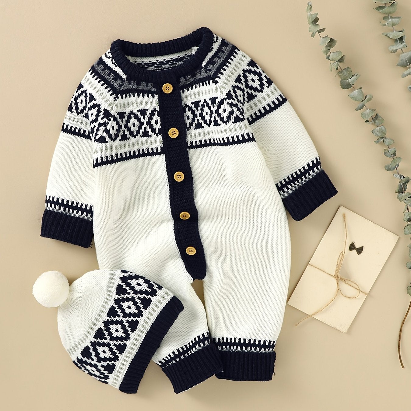Newborn Infant Geometric Pattern Sweater Romper Long Sleeve Button Jumpsuit & Hat For Toddler Baby Boys And Girls, Suitable For Indoor And Outdoor Wear -