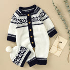 Newborn Infant Geometric Pattern Sweater Romper Long Sleeve Button Jumpsuit & Hat For Toddler Baby Boys And Girls, Suitable For Indoor And Outdoor Wear -
