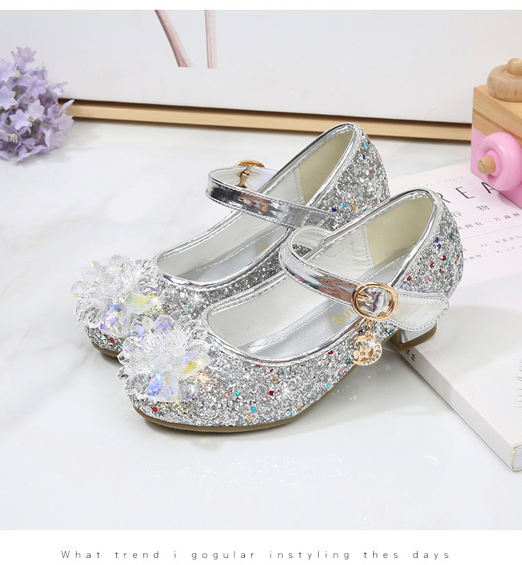 Girls' Elsa Princess High Heel Pumps - Sparkling Glitter Block Heel Shoes with Floral Embellishments, Lightweight Faux Cover for Spring & Fall, Weddings, Parties, Casual Wear, Shoes for Girls, Wedding Guest Shoes, Elegant Sho -
