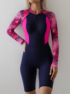Colorblock Long Sleeves One-Piece Swimsuit Women, Zip Front Rash Guard Round Neck Tummy Control Bathing Suit, Women's Swimwear & Clothing -
