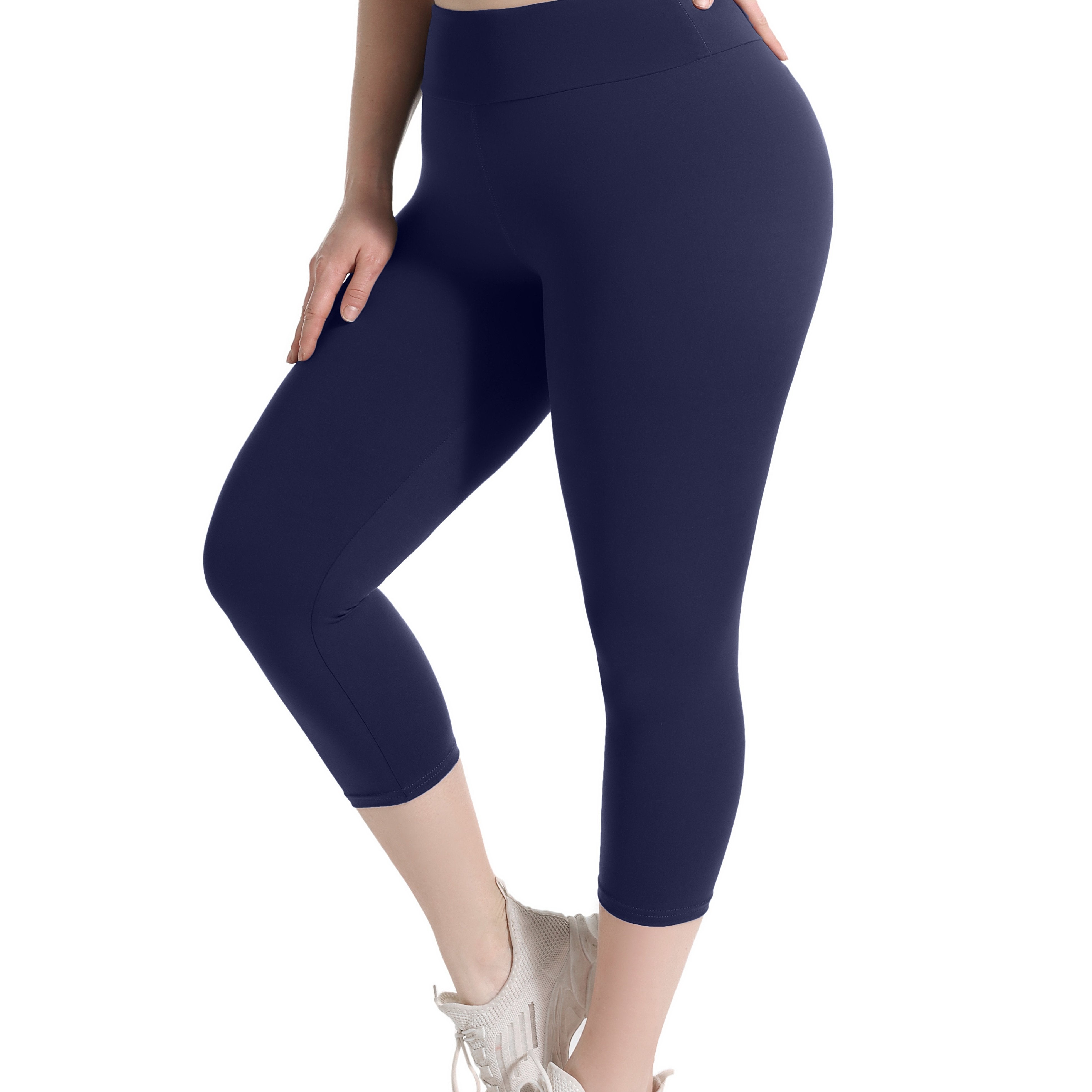 Women'S Plus Size Capri Leggings, High Waist Tummy Control, 4X Stretch, Pocket Detail, Solid Black, Knit Fabric, Polyester 92%, Spandex 8%, 210g/m², All Season Skinny Yoga Pants -
