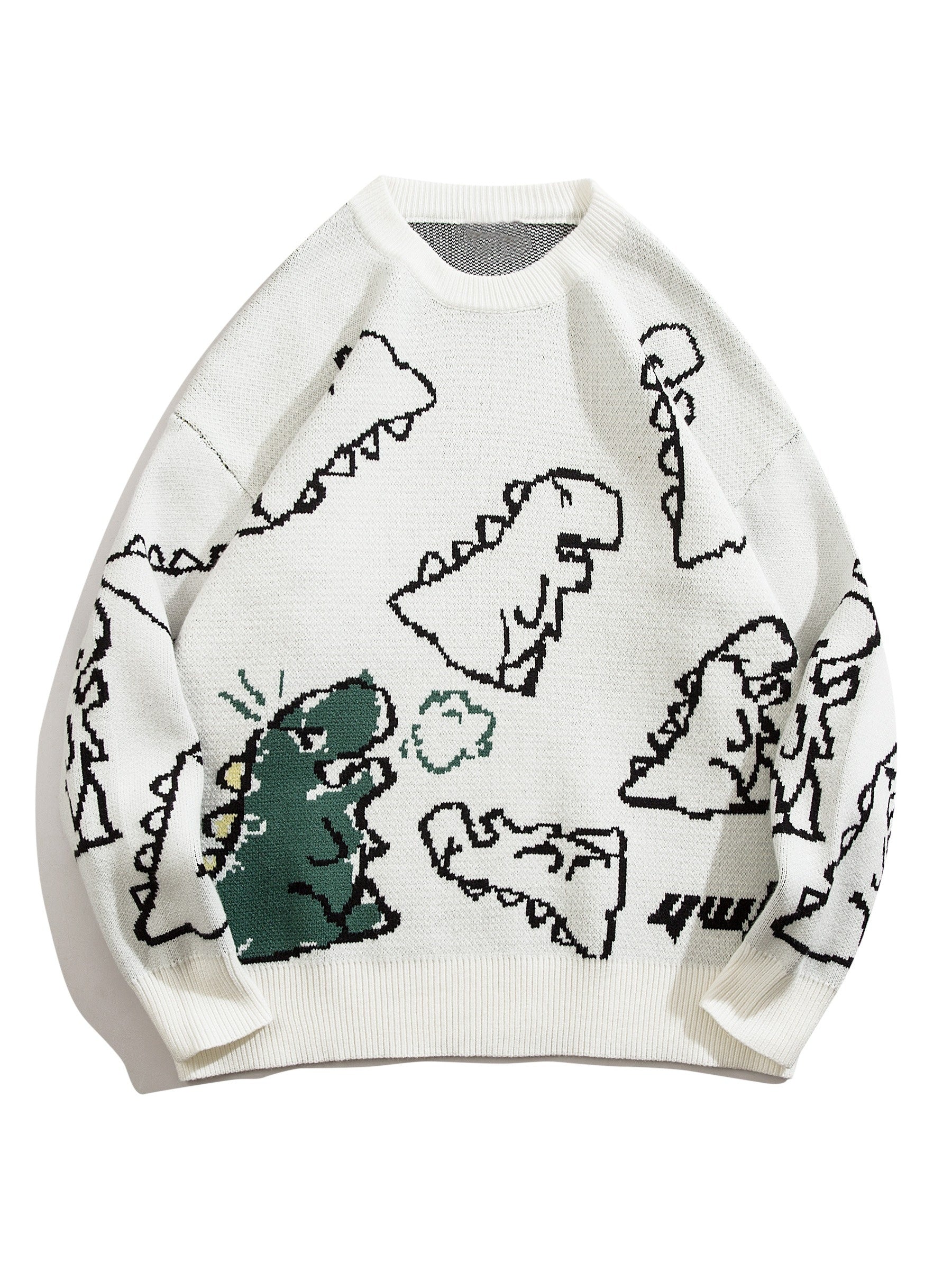 YWFG Unisex Casual Loose Fit Sweater - Black with Blue Dinosaur & Cloud Design, Long Sleeve Round Neck Pullover for Men & Women, Cozy Fall/Winter Knitwear, Dinosaur Clothes, Fall Winter Apparel, Playful Graphic Design, Comfor -