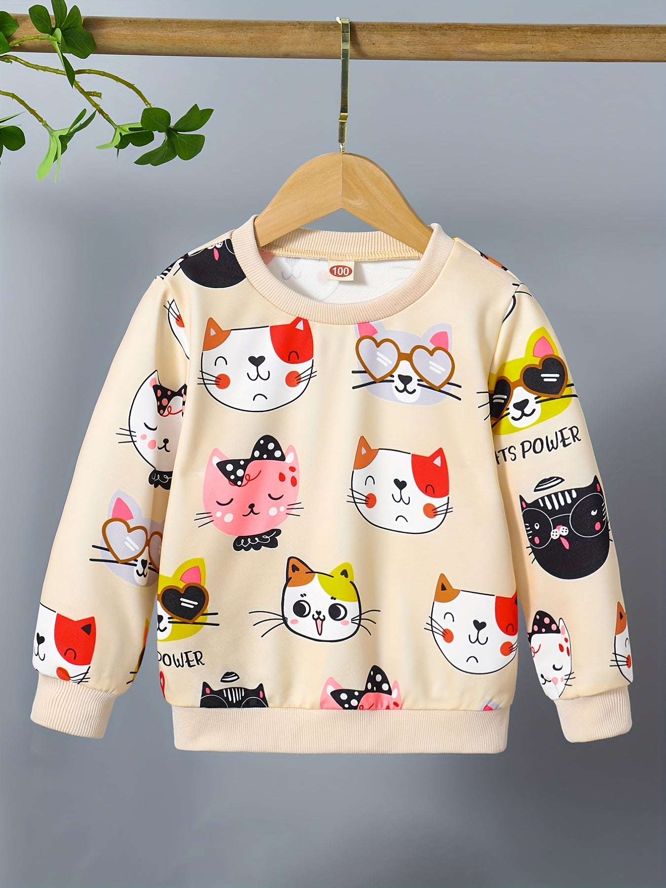 HWMFSNHFZ Girls' Lightweight Long Sleeve Cartoon Cat Print Sweatshirt - Soft Pink Crew Neck Casual Pullover for Spring & Fall, All-Season Comfort, Cute Sweaters -