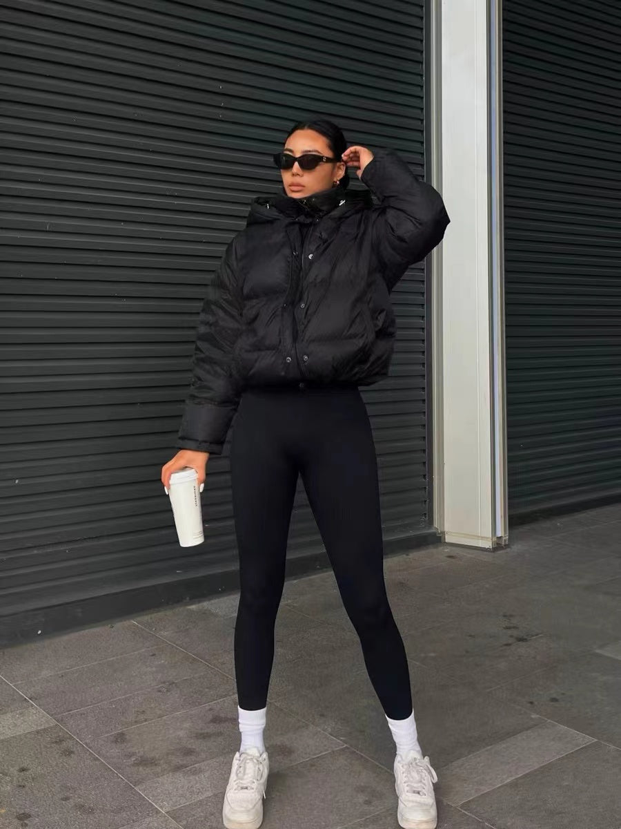 Women's Stylish Black Hooded Puffer Jacket - Casual Short Warm Outerwear with Drawstring Design, Long Sleeves, and Button-Up Front for Winter Comfort, Winter Jacket -
