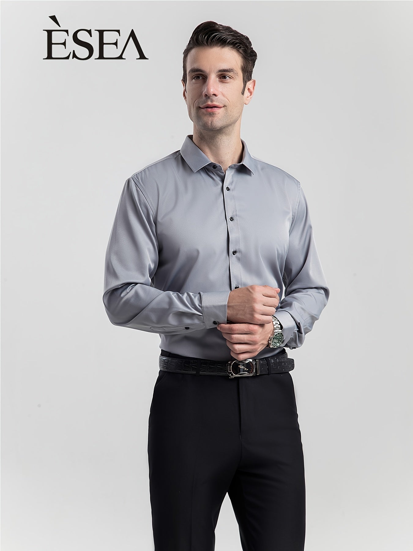 Men'S Slim-Fit Stretch Formal Shirt, Light Business Lapel Long Sleeve Shirt, Men'S Business Shirt Wrinkle-Resistant and Durable Solid Color Formal Long Sleeve Shirt with Buttons and Pockets Suitable for Work, Commuting, Datin -