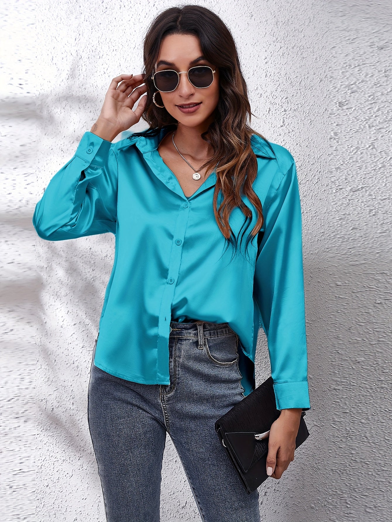 Elegant Satin-Finish Long Sleeve Blouse for Women - Chic Solid Color, Non-Stretch Fabric, Perfect for Spring/Fall, Ideal for Formal Occasions, Ladies Blouses -