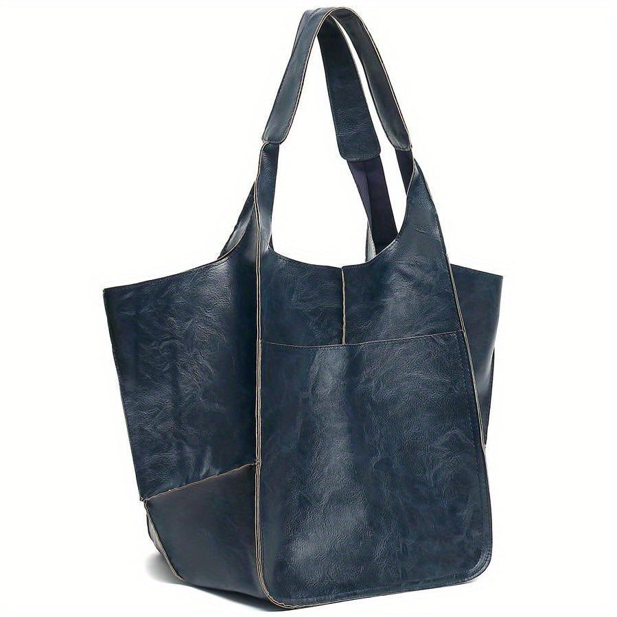 Large Capacity Retro PU Tote Bag For Women - Spacious & Stylish Handbag With Handy Front Pocket For Work, Travel & Everyday Chic -