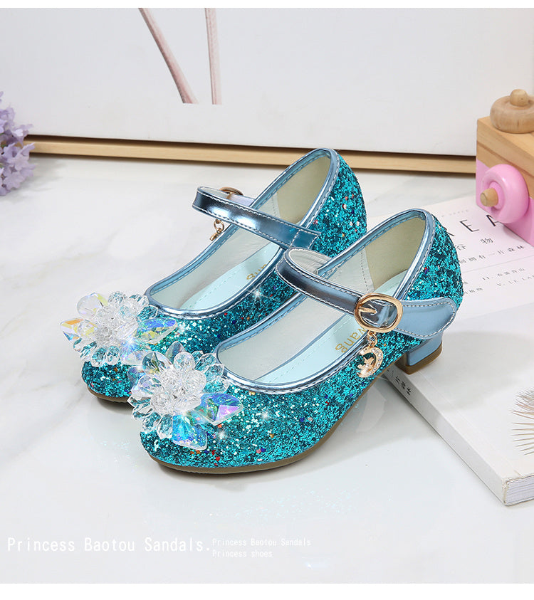 Girls' Elsa Princess High Heel Pumps - Sparkling Glitter Block Heel Shoes with Floral Embellishments, Lightweight Faux Cover for Spring & Fall, Weddings, Parties, Casual Wear, Shoes for Girls, Wedding Guest Shoes, Elegant Sho -