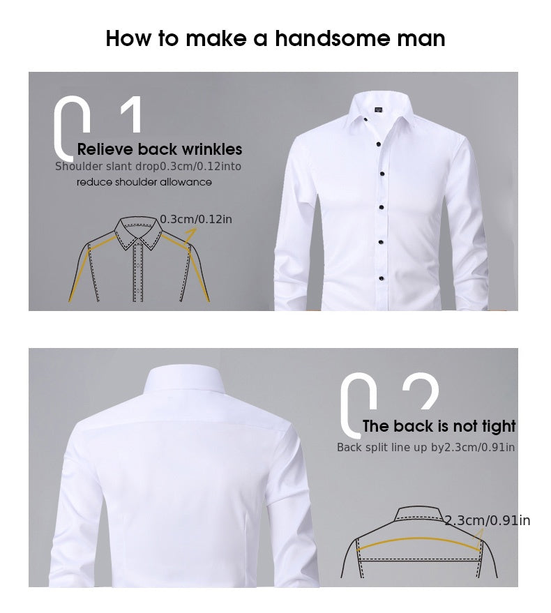 Men'S Slim-Fit Stretch Formal Shirt, Light Business Lapel Long Sleeve Shirt, Men'S Business Shirt Wrinkle-Resistant and Durable Solid Color Formal Long Sleeve Shirt with Buttons and Pockets Suitable for Work, Commuting, Datin -