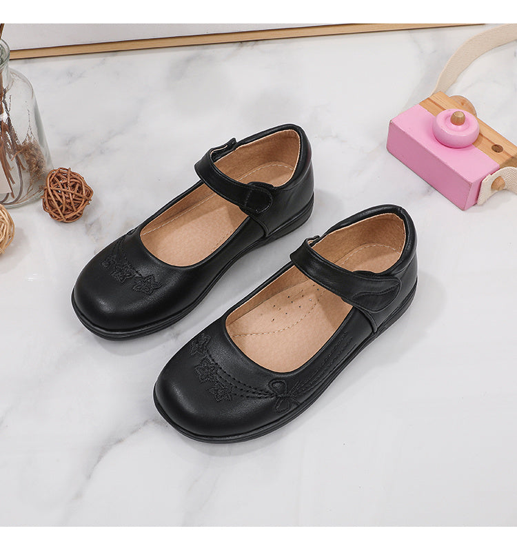 [School Essential] Girls' Black Mary Jane Flats with Bow Detail - Non-Slip, Comfortable PU Insole, Round Toe Casual & Performance Shoes for Students, Perfect for Spring/Autumn, Casual Youngsters Shoes|Strap Adornment Footwear -