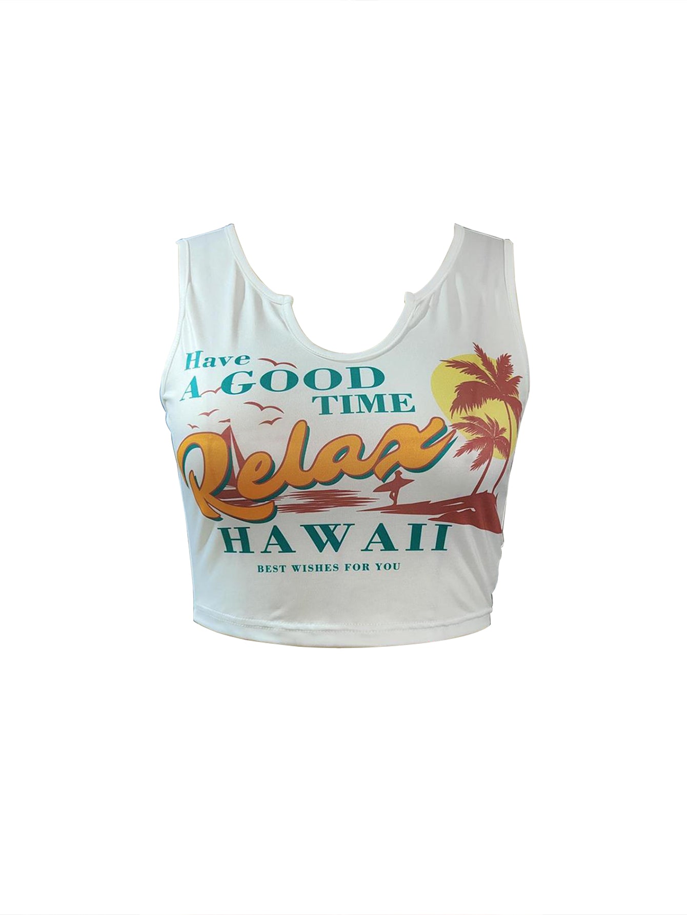 Coconut Tree Print Holiday Tank Top, Irregular Bare Midriff Round Neck Mature Tank Top, Women's Clothing -