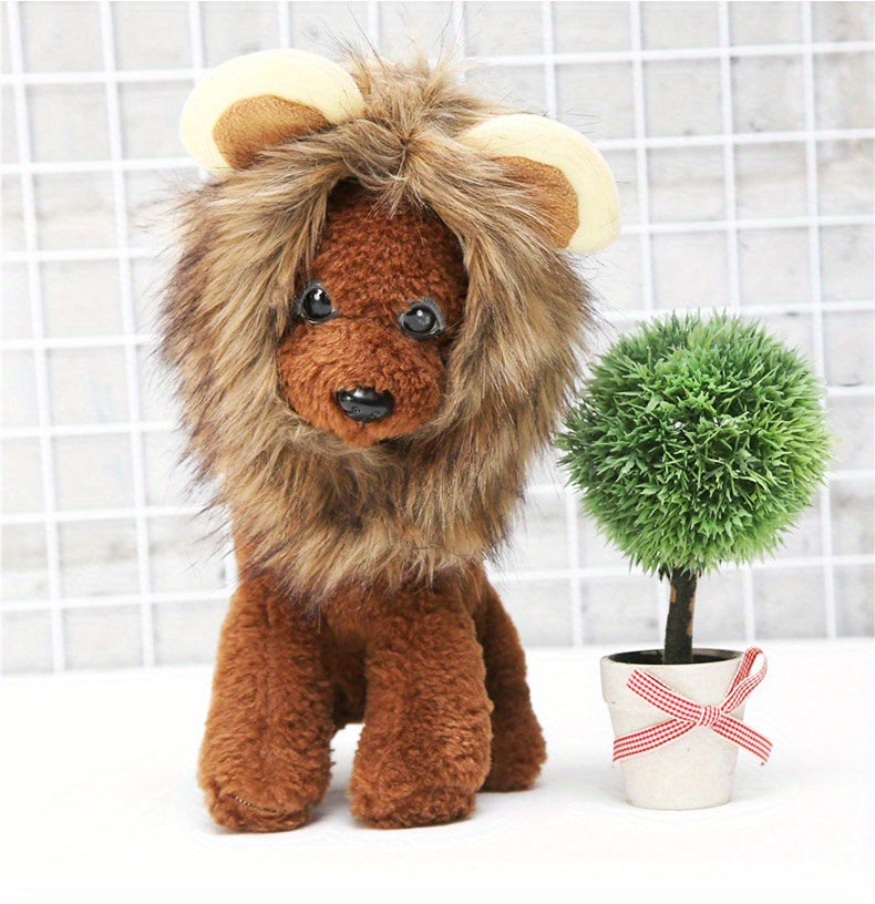 1pc Adjustable Lion Mane Wig Cap for Puppies & Kittens - Cozy Polyester Pet Headgear with Ears - Ideal for Autumn & Winter Photo Shoots, Christmas & New Year Decorations - For Pet Owners - Fun & Festive Pet Accessory - Perfec -