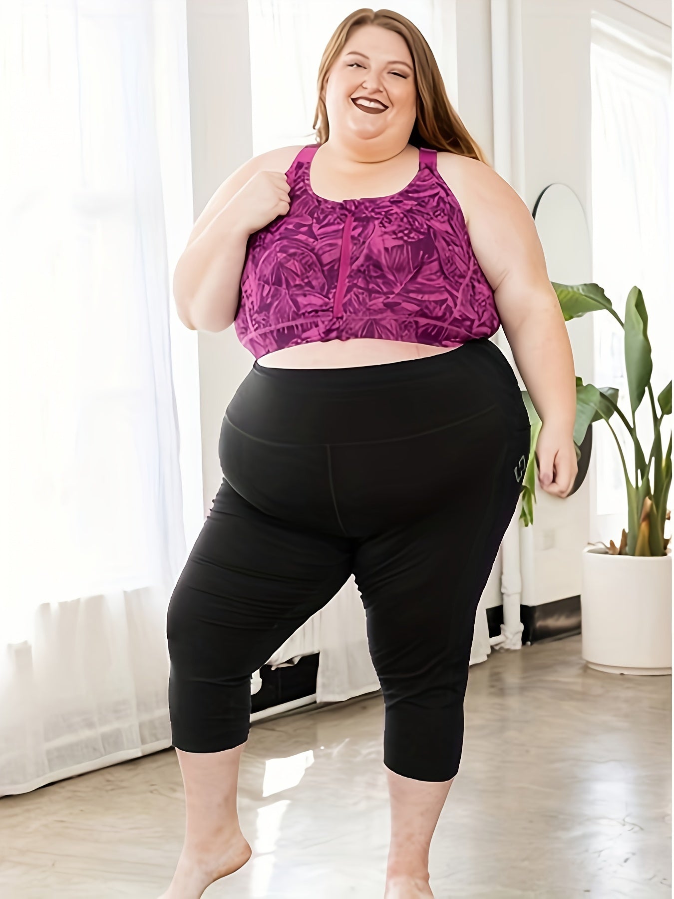 Women'S Plus Size Capri Leggings, High Waist Tummy Control, 4X Stretch, Pocket Detail, Solid Black, Knit Fabric, Polyester 92%, Spandex 8%, 210g/m², All Season Skinny Yoga Pants -
