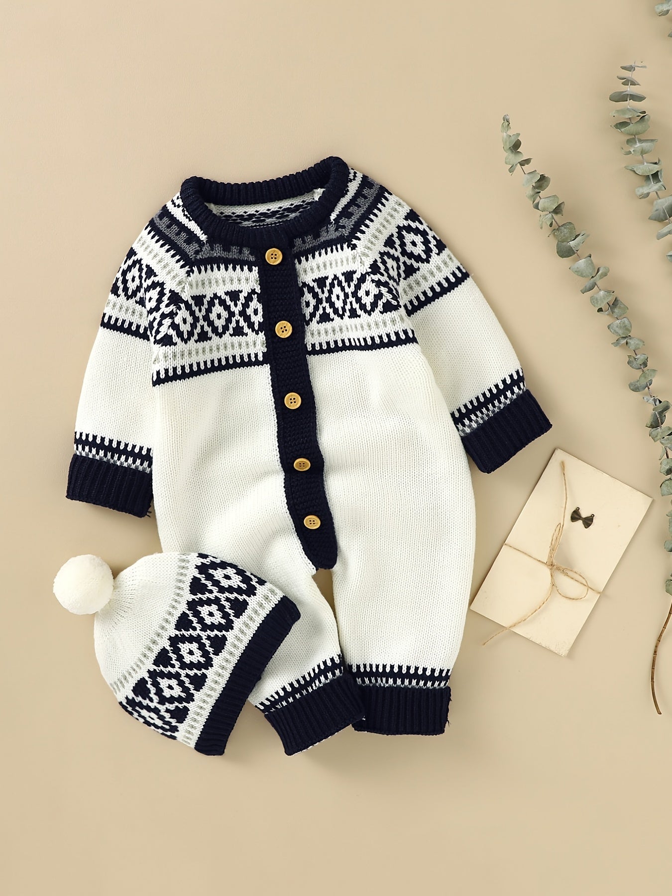 Newborn Infant Geometric Pattern Sweater Romper Long Sleeve Button Jumpsuit & Hat For Toddler Baby Boys And Girls, Suitable For Indoor And Outdoor Wear -