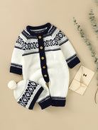 Newborn Infant Geometric Pattern Sweater Romper Long Sleeve Button Jumpsuit & Hat For Toddler Baby Boys And Girls, Suitable For Indoor And Outdoor Wear -