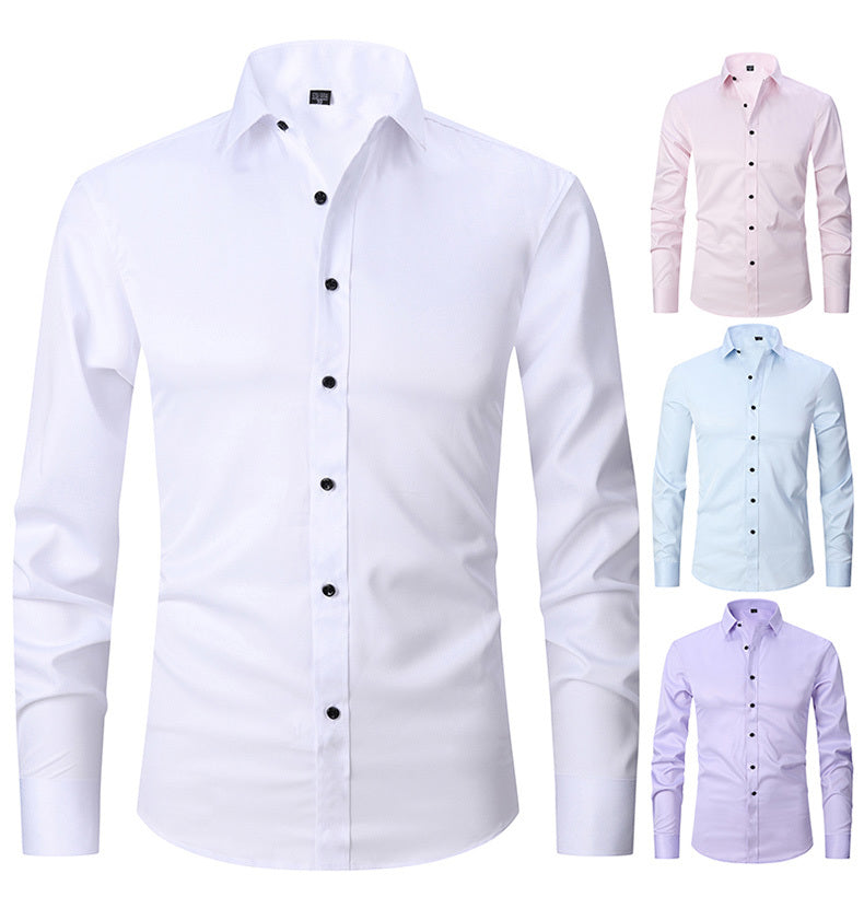Men'S Slim-Fit Stretch Formal Shirt, Light Business Lapel Long Sleeve Shirt, Men'S Business Shirt Wrinkle-Resistant and Durable Solid Color Formal Long Sleeve Shirt with Buttons and Pockets Suitable for Work, Commuting, Datin -