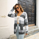 Striped Colorblock V-neck Cardigans, Casual Loose Drop Shoulder Long Sleeve Fall Winter Knit Cardigan, Women's Clothing -