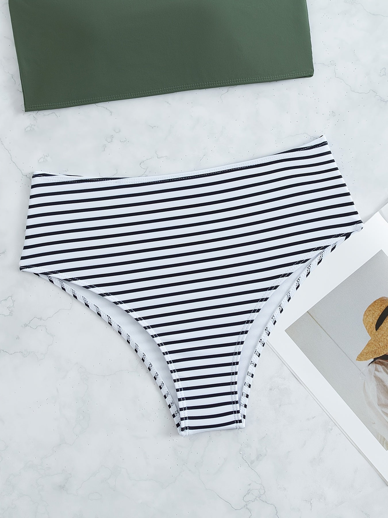 Striped Print Bandeau Two Piece Swimsuit, Army Green Strapless Tube Top, High Rise Black & White Striped Bottom Bikini Sets, Women's Swimwear & Clothing -